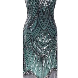 Amazon Green and Black Embellished Sequin Sleeveless Midi Cocktail Dress